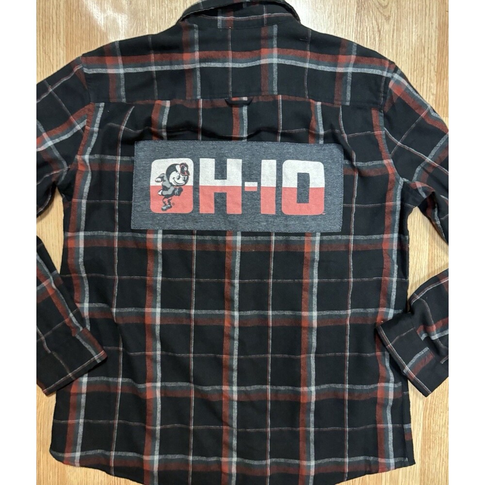 OH-IO Ohio State Buckeyes Upcycled Plaid Flannel Shirt Button Up Men’s Size XL